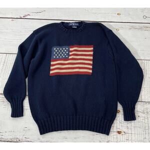 VTG Ralph Lauren Cotton Navy Blue American Flag Knit Sweater USA Americana M